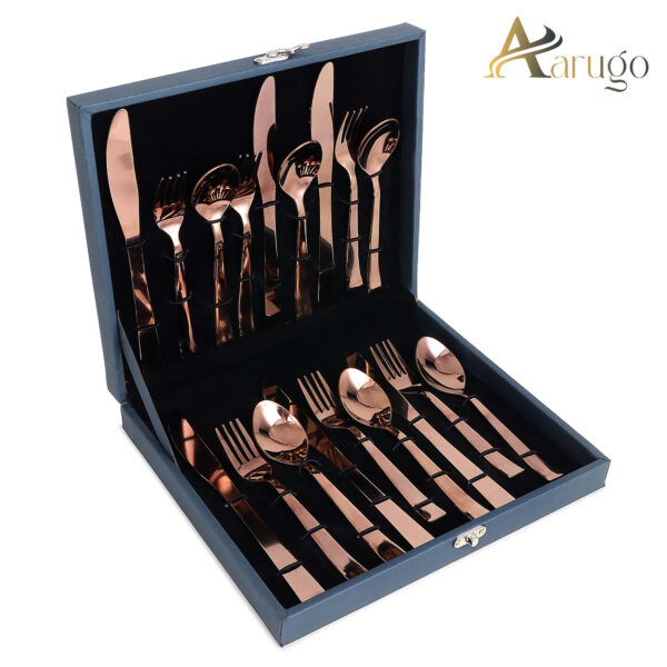 Aarugo Rose Gold Plated Steel Briefcase 18pcs Cutlery Set Premium Quality 6 Pcs Spoons & 6 Pcs Forks, 6 Baby Spoons